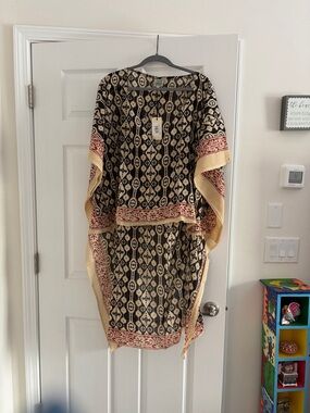 Black and Cream Printed Boho Kimono with Red Trim